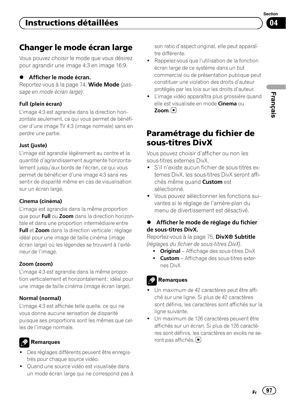 Paramétrage du fichier de sous-titres, Divx, Changer le mode écran large | Paramétrage du fichier de sous-titres divx, 04 instructions détaillées | Pioneer MVH-P8200BT User Manual | Page 97 / 184
