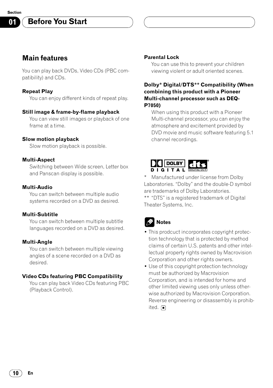 Main features 10, Before you start, Main features | Pioneer Super Tuner III DVH-P7050 User Manual | Page 10 / 104