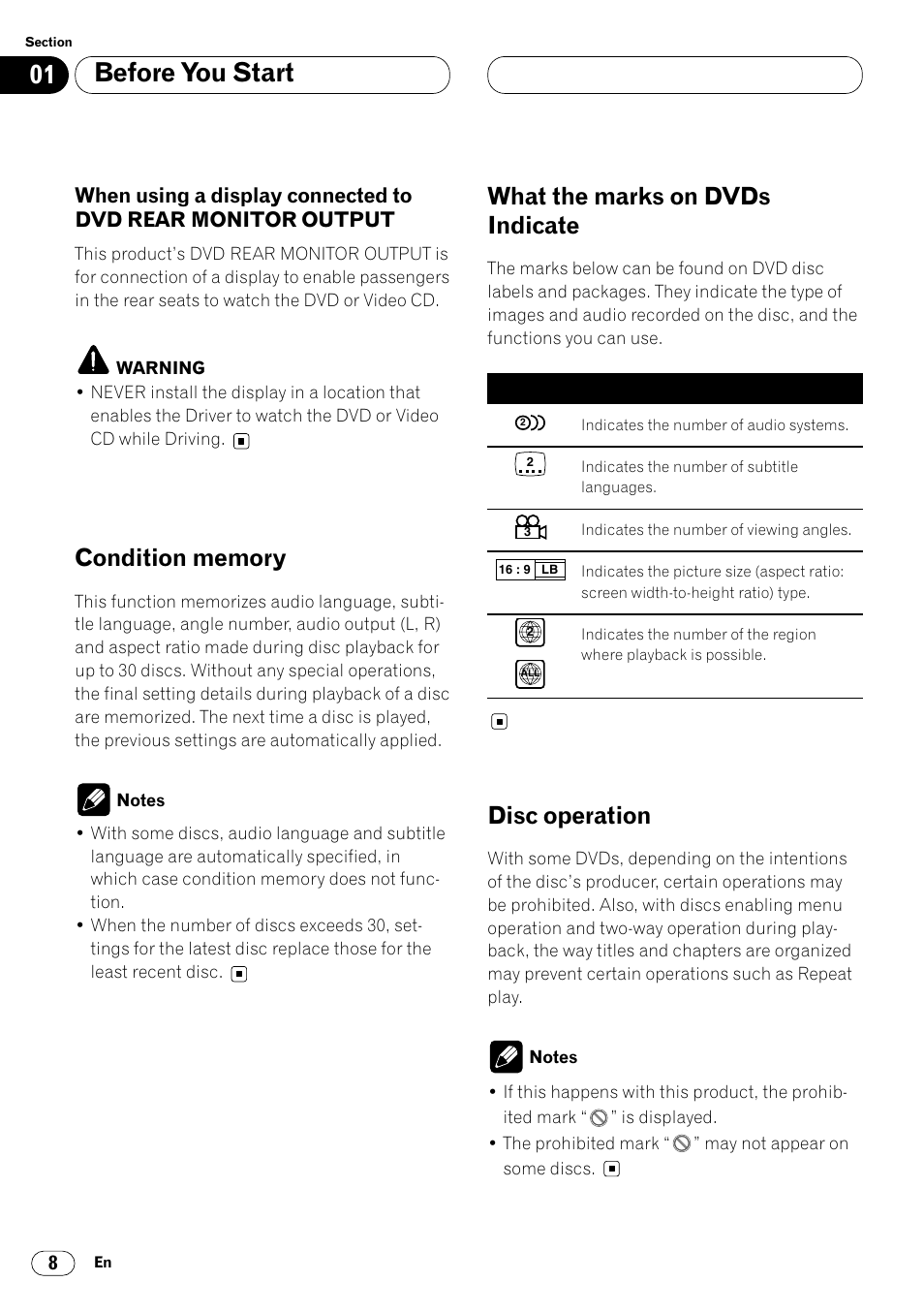 Disc operation 8, When using a display connected to, Dvd rear monitor output 8 | Before you start, What the marks on dvds indicate, Disc operation | Pioneer Super Tuner III DVH-P7050 User Manual | Page 8 / 104