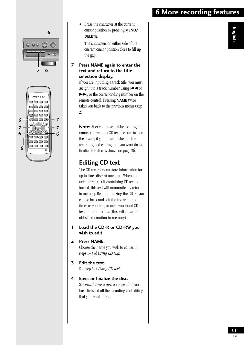 Editing cd text, 6 more recording features, English | Menu, Delete, Name, Menu/ delete | Pioneer PDR-609 User Manual | Page 31 / 44