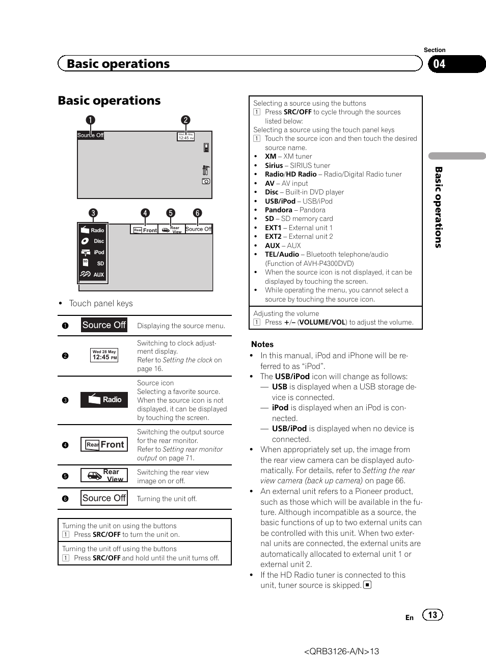 Basic operations basic operations, Basic operations, Front | Pioneer AVH-P3300BT User Manual | Page 13 / 112