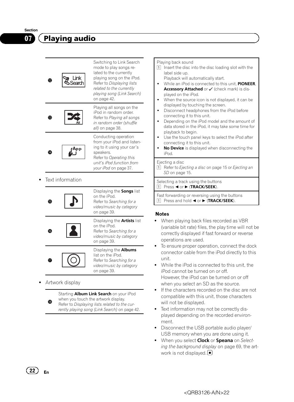 07 playing audio | Pioneer AVH-P3300BT User Manual | Page 22 / 112