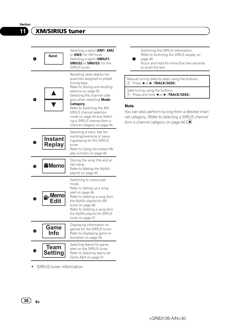 Instant replay, Game info, Team setting | 11 xm/sirius tuner | Pioneer AVH-P3300BT User Manual | Page 30 / 112
