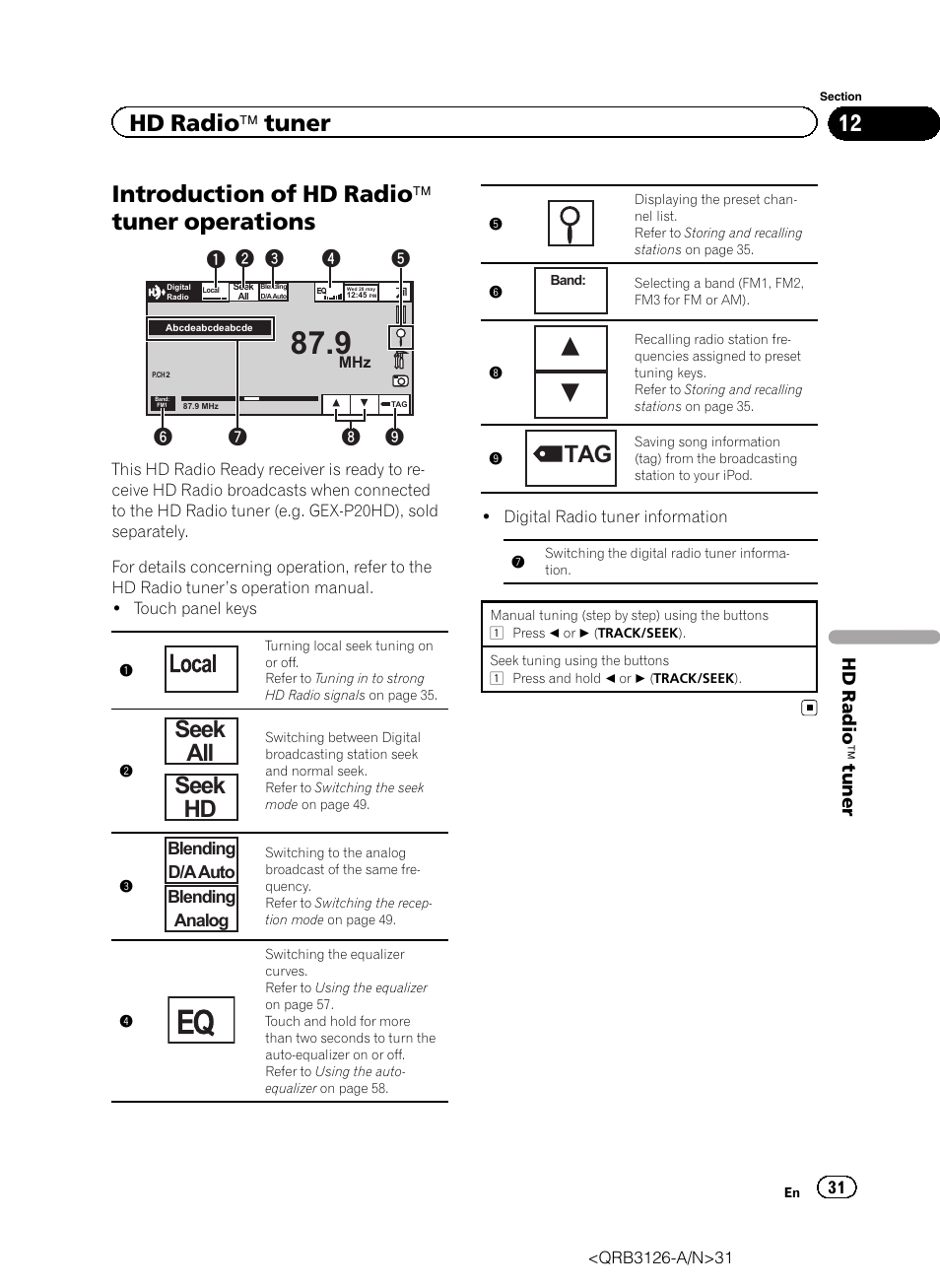 Hd radio, Ä tuner, Introduction of hd radio | Operations, Seek all seek hd, Introduction of hd radio ä tuner operations, Hd radio ä tuner | Pioneer AVH-P3300BT User Manual | Page 31 / 112
