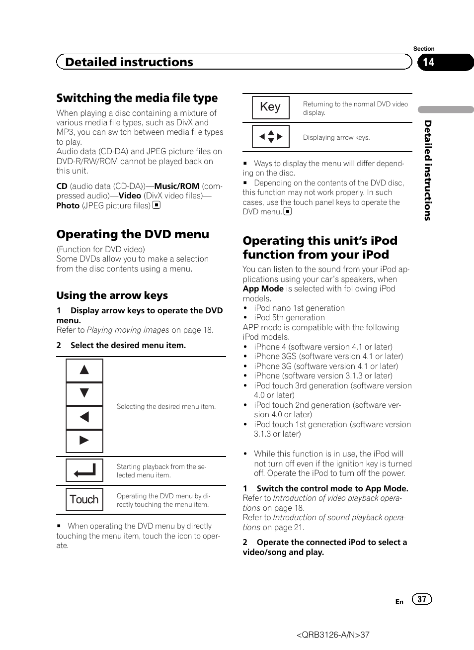 Switching the media file type, Operating the dvd menu, Operating this unit | S ipod function from your, Ipod, S ipod function from, Detailed instructions | Pioneer AVH-P3300BT User Manual | Page 37 / 112