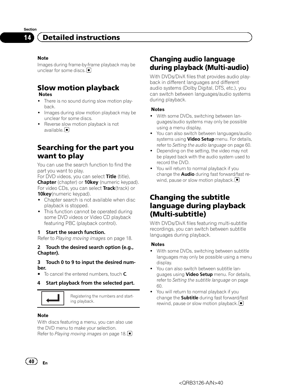 Slow motion playback, Searching for the part you want to play, Changing audio language during playback | Multi-audio), Changing the subtitle language during, Playback (multi-subtitle), 14 detailed instructions | Pioneer AVH-P3300BT User Manual | Page 40 / 112