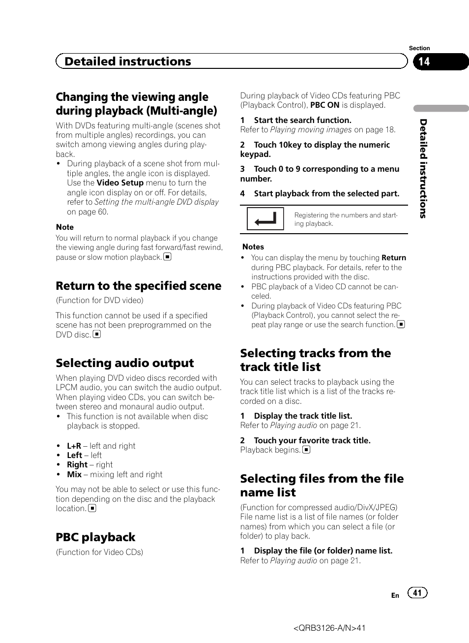 Changing the viewing angle during playback, Multi-angle), Return to the specified scene | Selecting audio output, Pbc playback, Selecting tracks from the track title list, Selecting files from the file name list, Detailed instructions | Pioneer AVH-P3300BT User Manual | Page 41 / 112