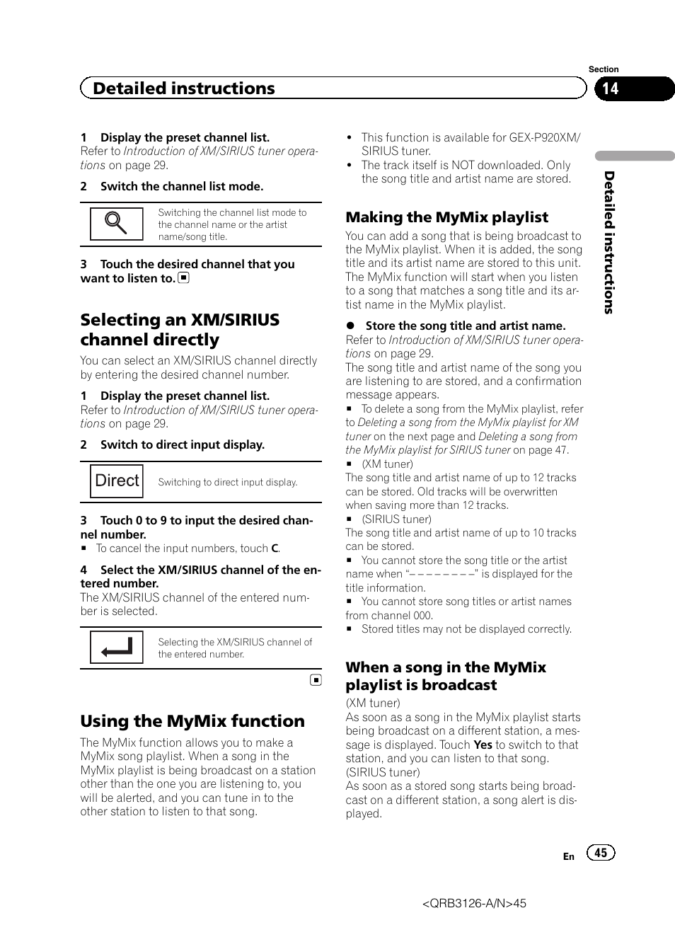 Selecting an xm/sirius channel directly, Using the mymix function, Detailed instructions | Making the mymix playlist, When a song in the mymix playlist is broadcast | Pioneer AVH-P3300BT User Manual | Page 45 / 112