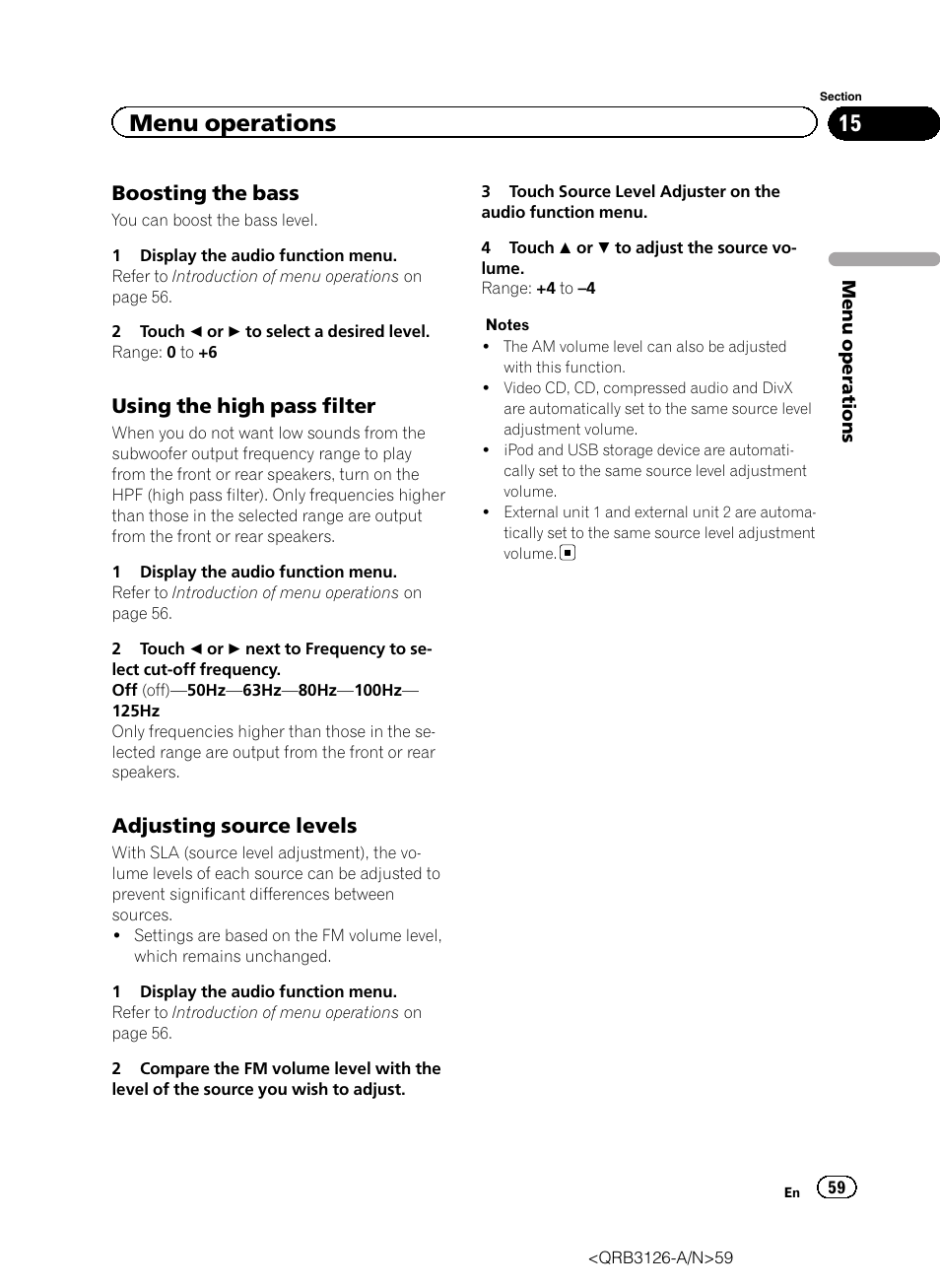 Menu operations, Boosting the bass, Using the high pass filter | Adjusting source levels | Pioneer AVH-P3300BT User Manual | Page 59 / 112