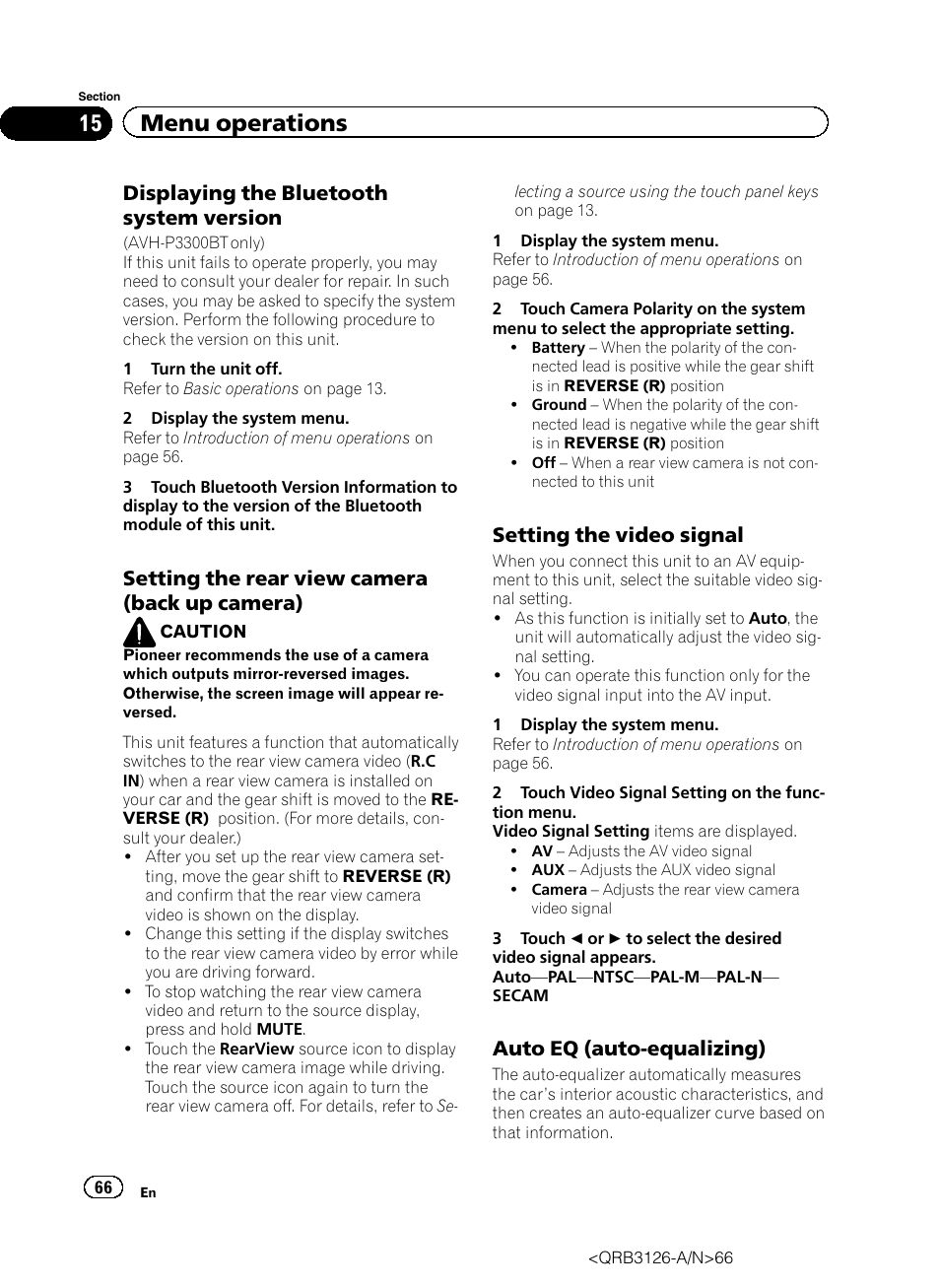 15 menu operations, Displaying the bluetooth system version, Setting the rear view camera (back up camera) | Setting the video signal, Auto eq (auto-equalizing) | Pioneer AVH-P3300BT User Manual | Page 66 / 112
