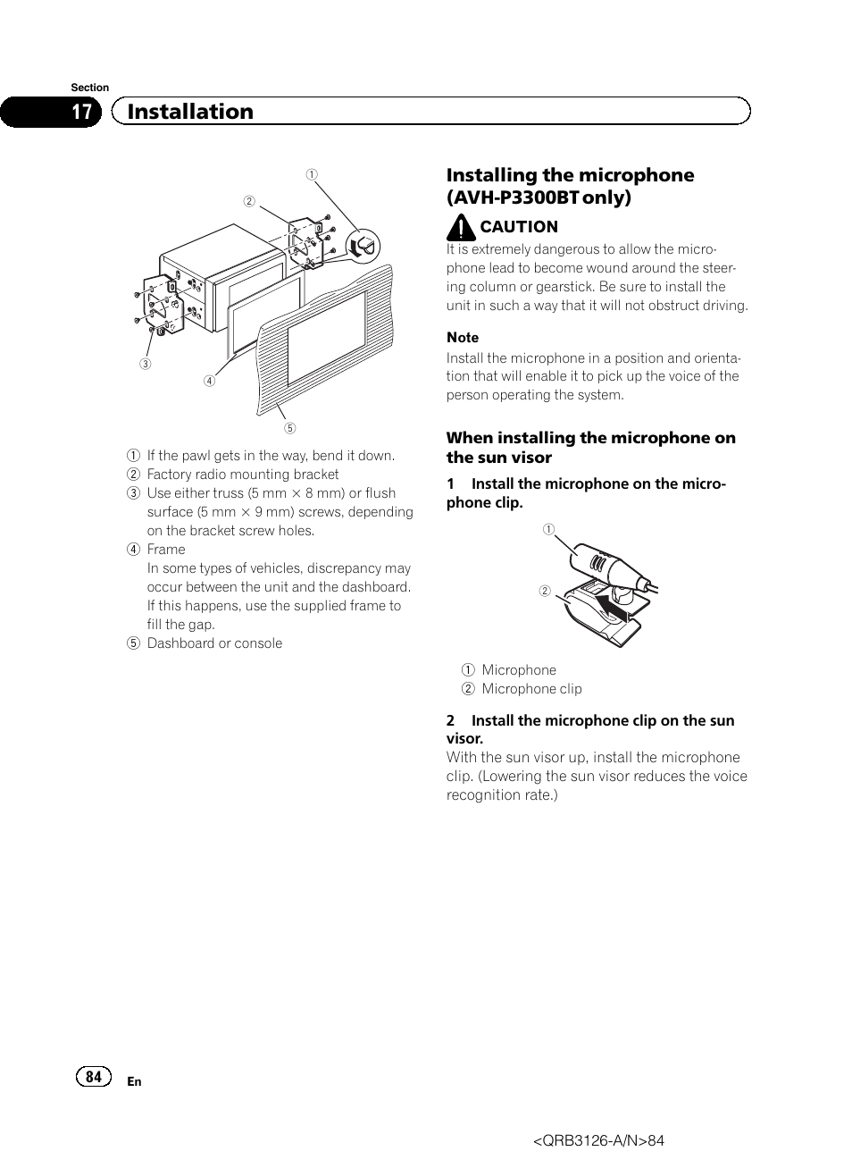 17 installation, Installing the microphone (avh-p3300bt only) | Pioneer AVH-P3300BT User Manual | Page 84 / 112