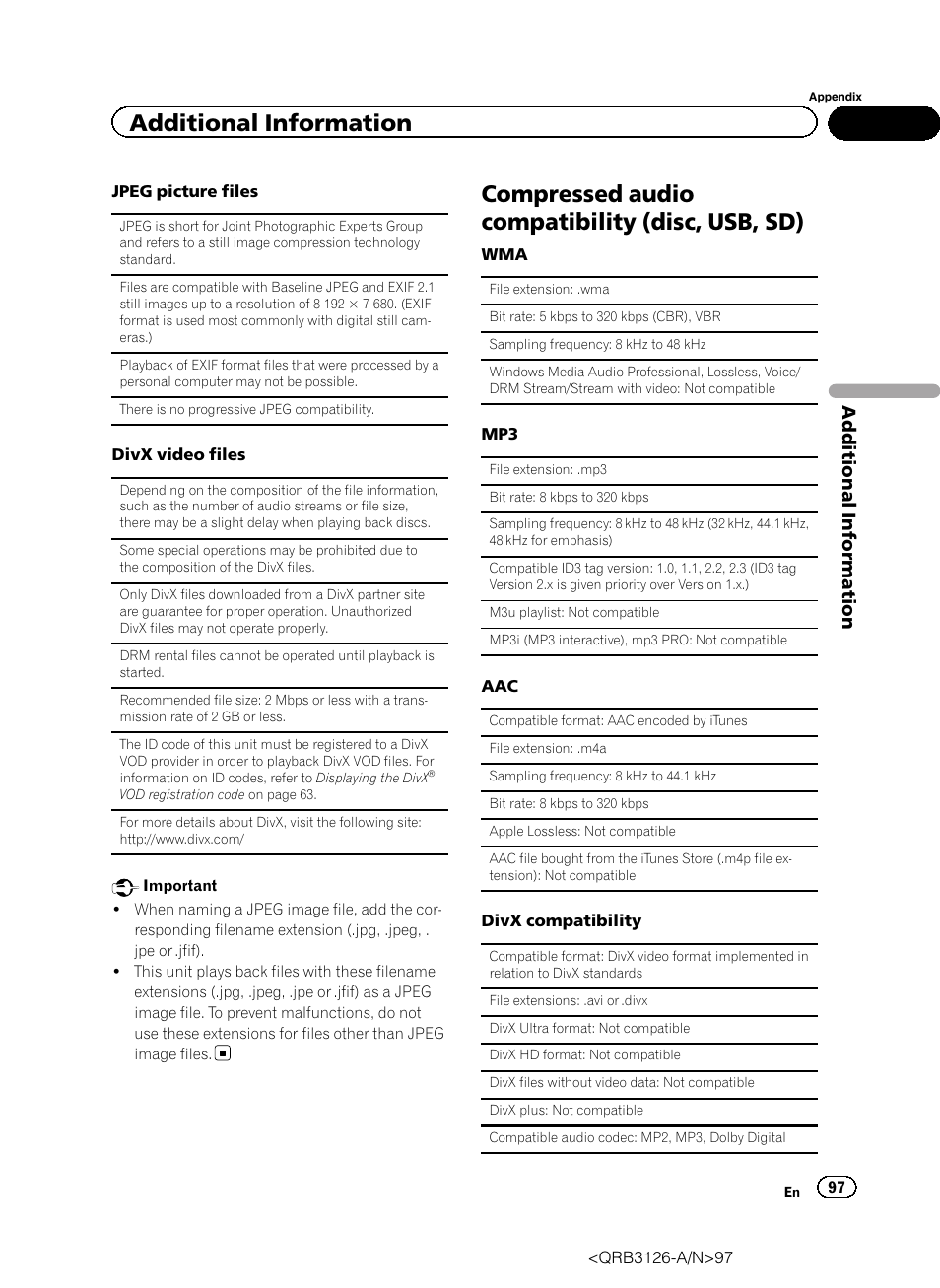 Compressed audio compatibility (disc, usb, Compressed audio compatibility (disc, usb, sd), Additional information | Pioneer AVH-P3300BT User Manual | Page 97 / 112