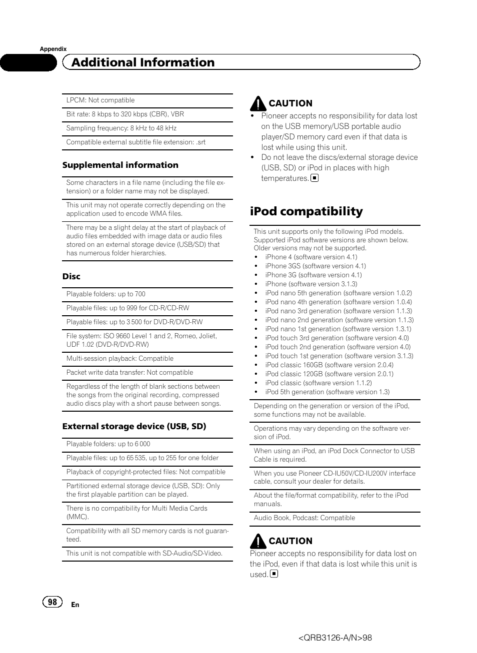 Ipod compatibility, Additional information | Pioneer AVH-P3300BT User Manual | Page 98 / 112