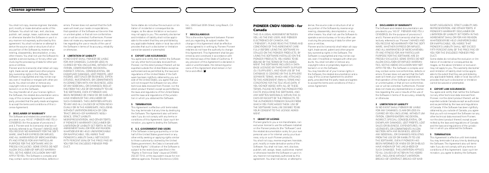 License agreement, Pioneer cndv-1000hd - for canada | Pioneer CNDV-1000HD User Manual | Page 2 / 8