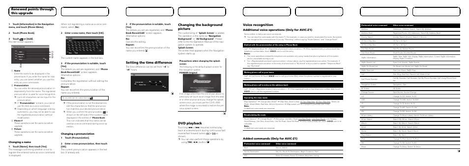 Renewed points through this upgrade, Setting the time difference, Changing the background picture | Dvd playback, Voice recognition, Additional voice operations (only for avic-z1), Added commands (only for avic-z1) | Pioneer CNDV-1000HD User Manual | Page 7 / 8