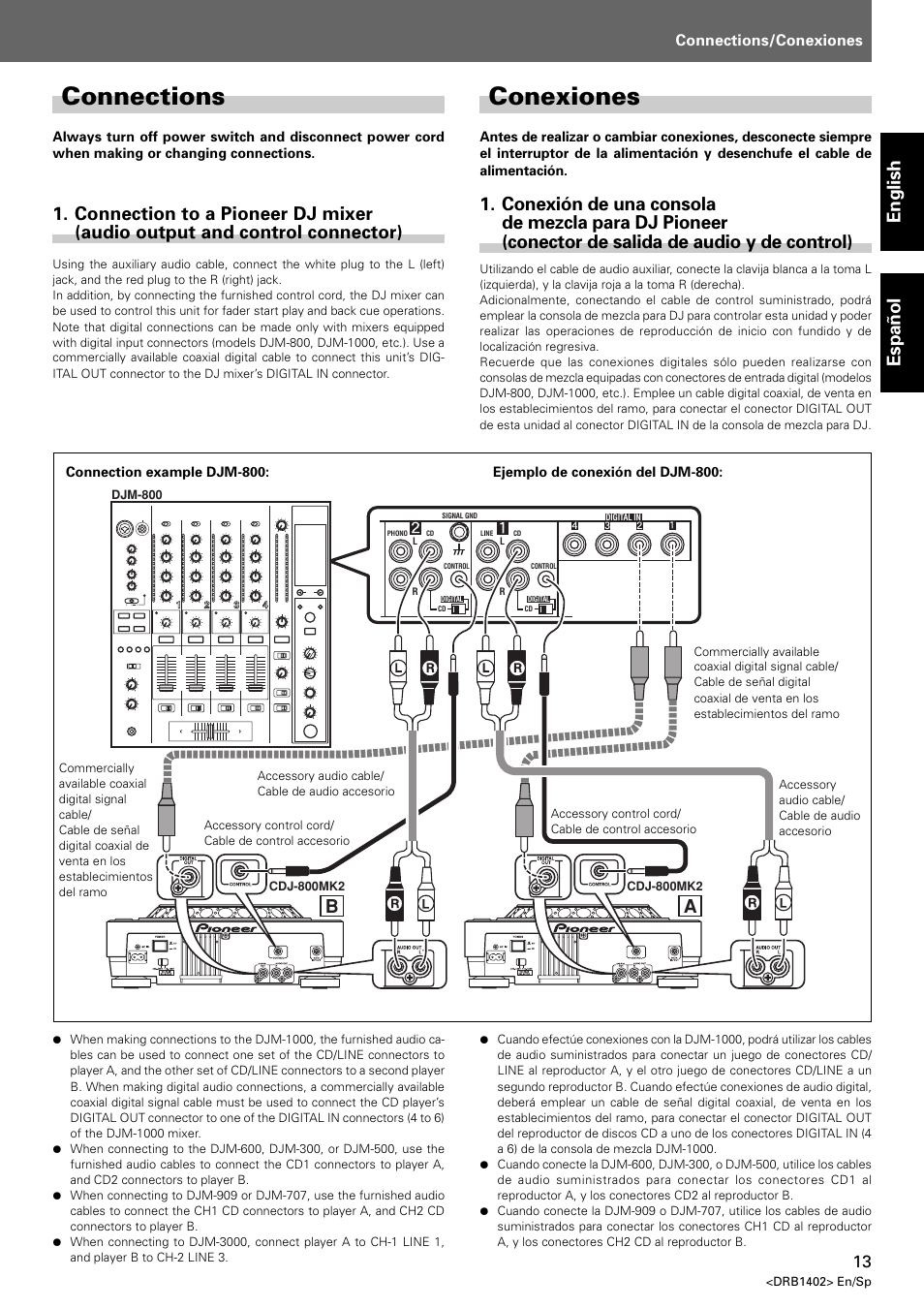 Connections, Conexiones, English español | Pioneer CDJ-800MK2 User Manual | Page 13 / 38