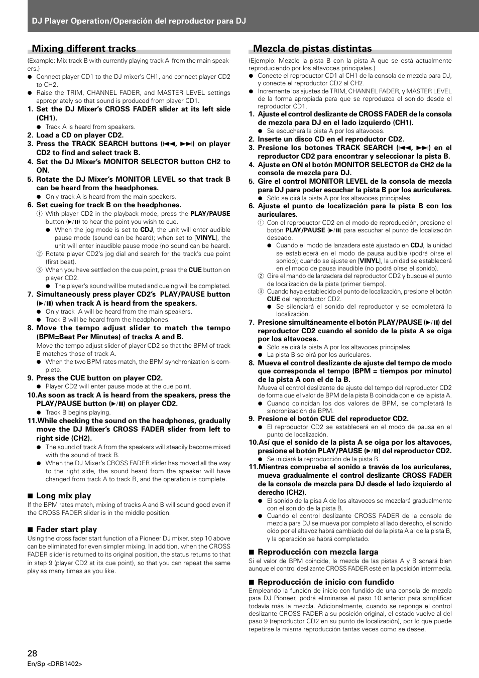 Mixing different tracks, Mezcla de pistas distintas | Pioneer CDJ-800MK2 User Manual | Page 28 / 38