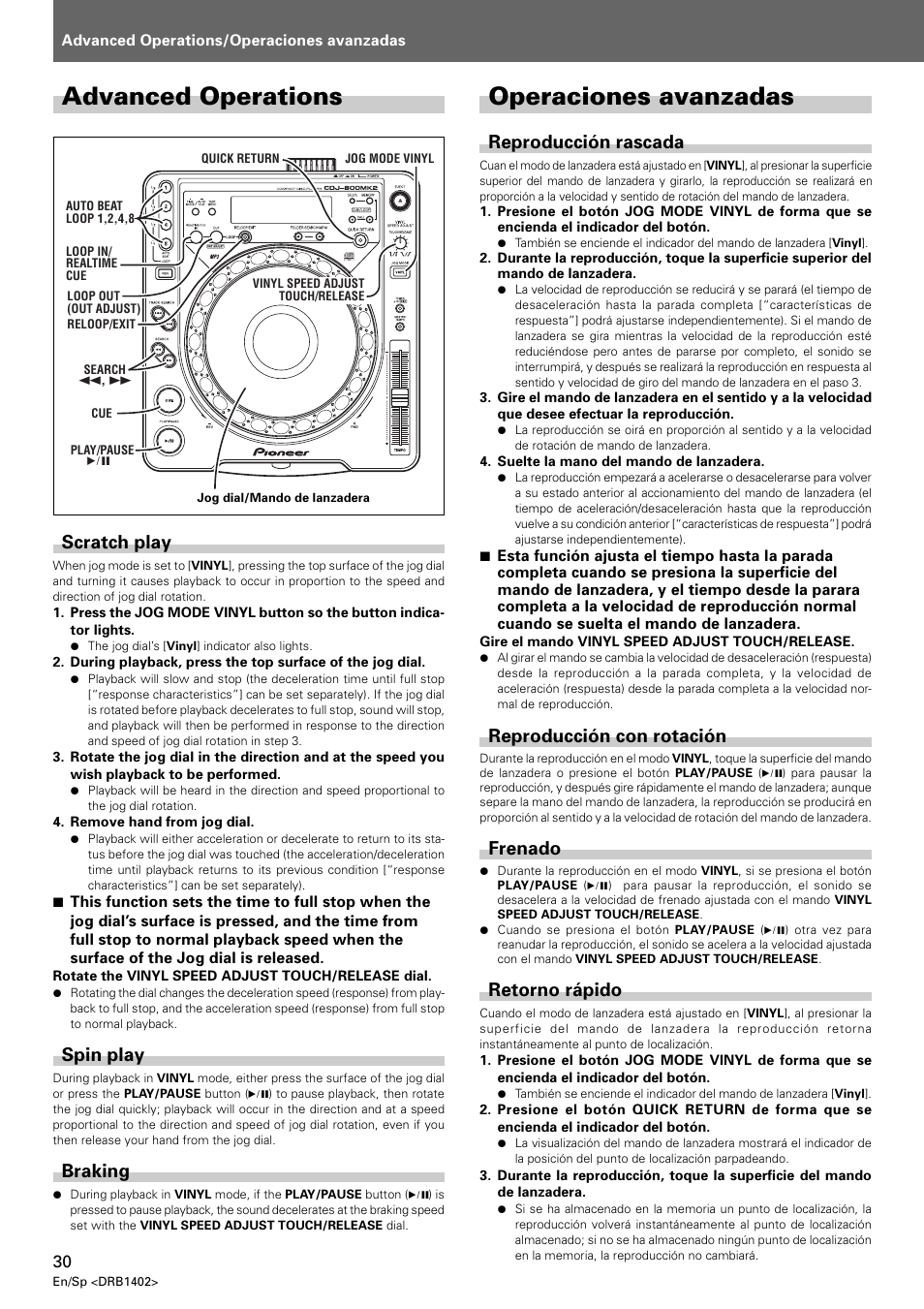 Advanced operations, Scratch play spin play braking, Operaciones avanzadas | Advanced operations operaciones avanzadas, Reproducción rascada, Reproducción con rotación, Frenado, Retorno rápido, Scratch play, Spin play | Pioneer CDJ-800MK2 User Manual | Page 30 / 38