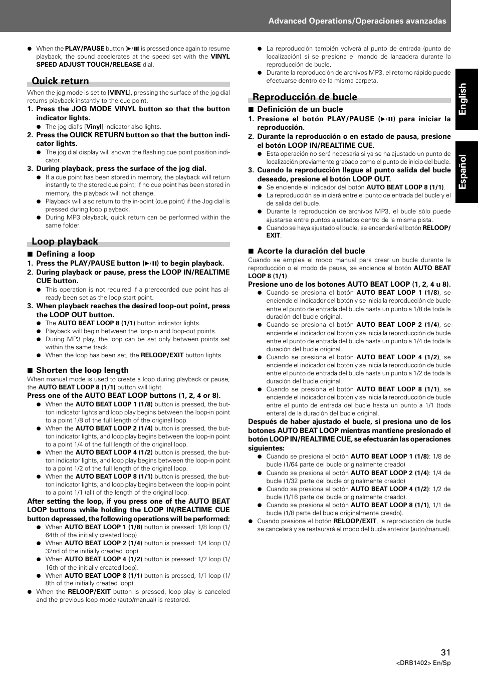 Quick return loop playback, Reproducción de bucle, English espa ñ ol | Quick return, Loop playback | Pioneer CDJ-800MK2 User Manual | Page 31 / 38