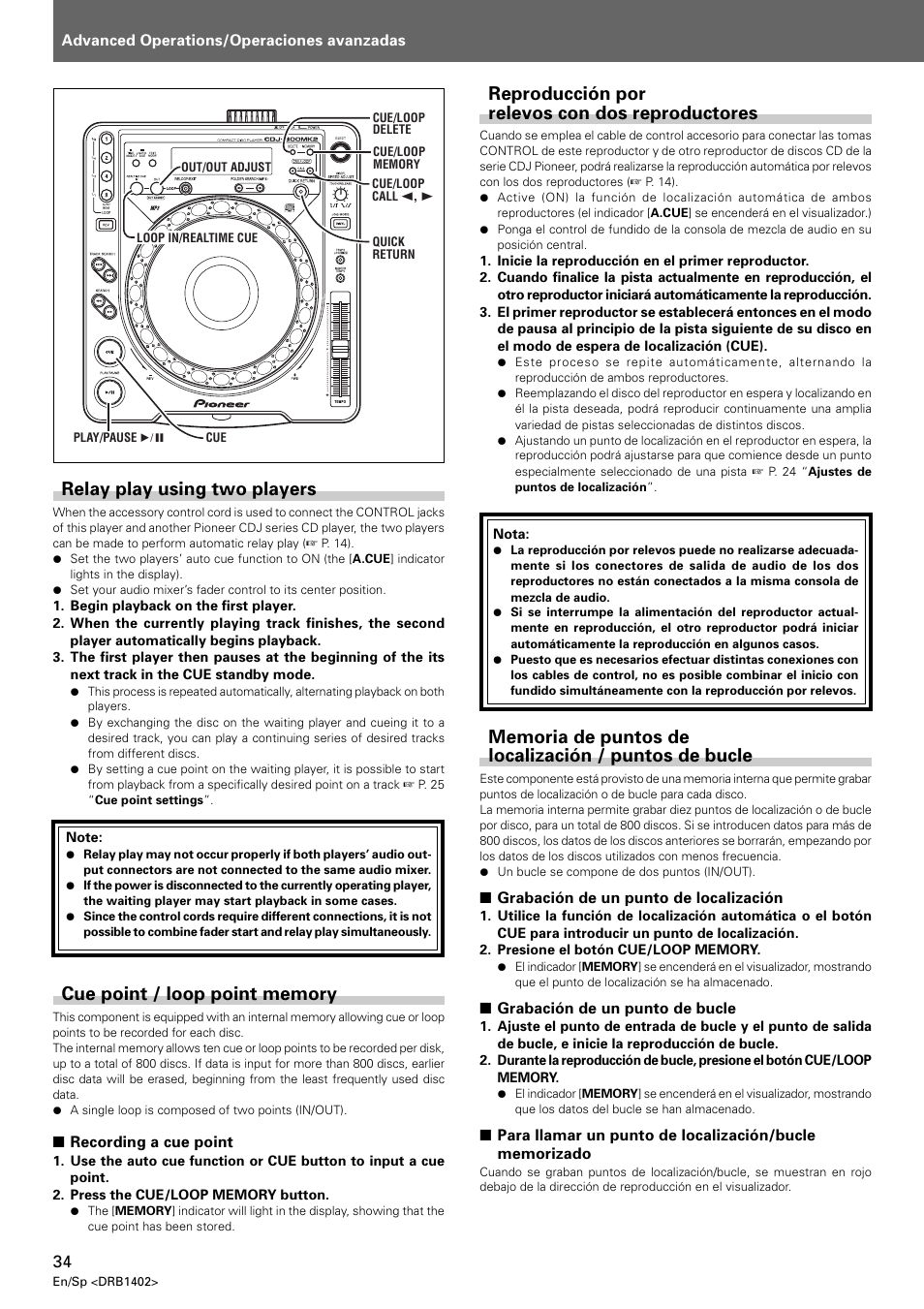 Reproducción por relevos con dos reproductores, Relay play using two players | Pioneer CDJ-800MK2 User Manual | Page 34 / 38