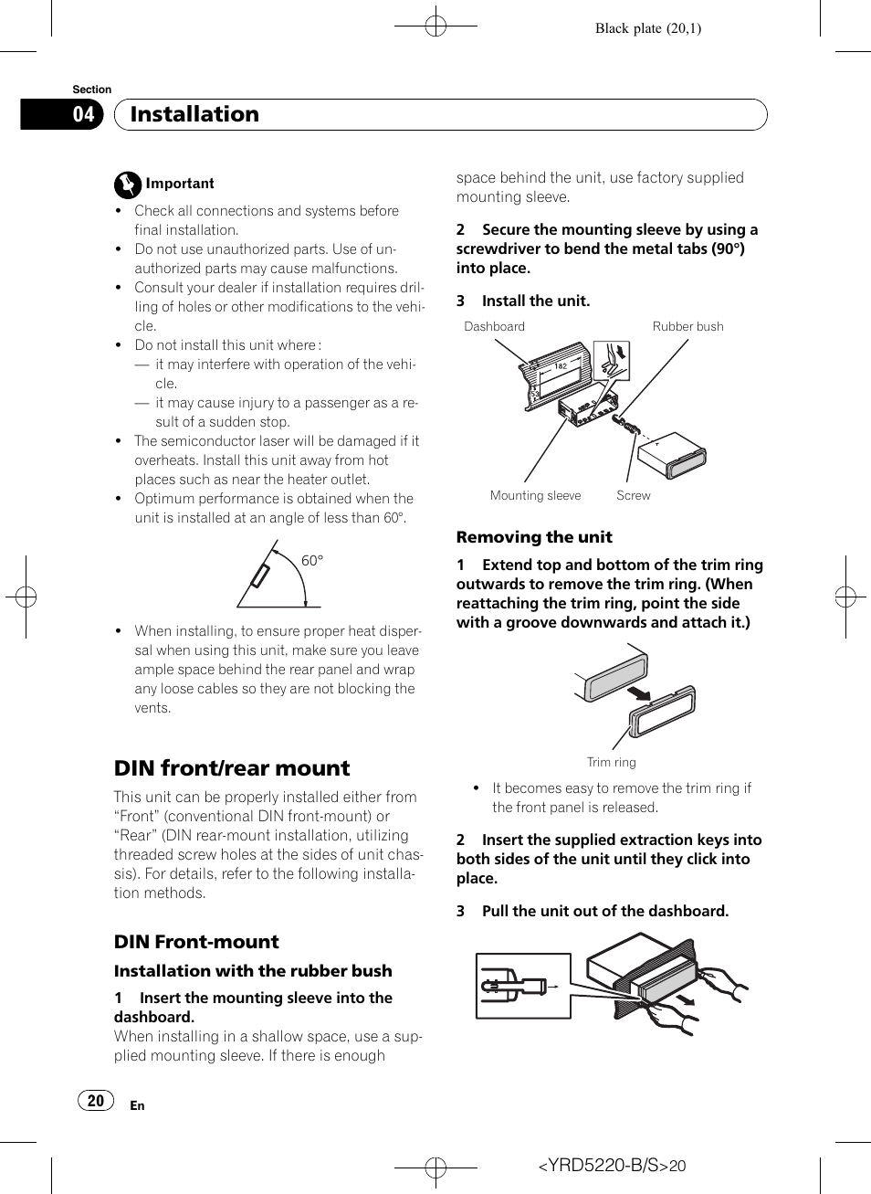 Installation din front/rear mount, Din front-mount 20, Din front/rear mount | Installation, Din front-mount | Pioneer Super Tuner III D DEH-2150UB User Manual | Page 20 / 128
