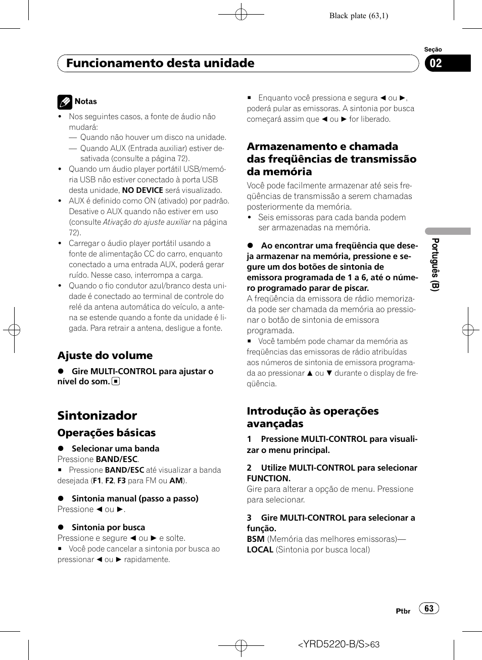 Ajuste do volume 63, Sintonizador, Operações básicas 63 | Armazenamento e chamada das, Freqüências de transmissão da memória, Introdução às operações, Avançadas, Funcionamento desta unidade, Ajuste do volume, Operações básicas | Pioneer Super Tuner III D DEH-2150UB User Manual | Page 63 / 128