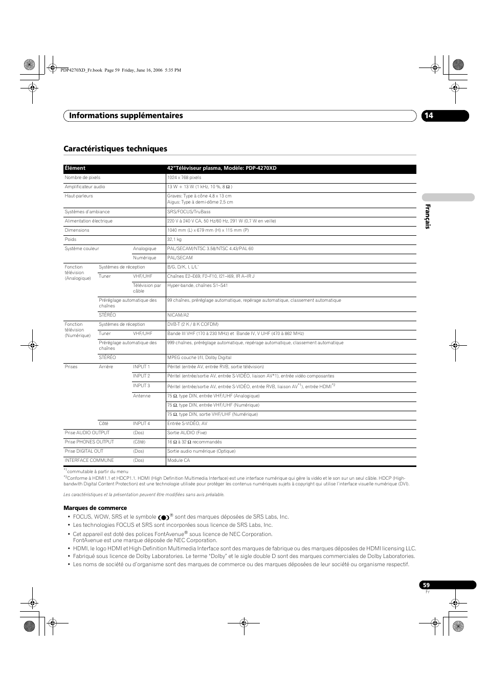 Caractéristiques techniques, Informations supplémentaires 14, Français | Pioneer PDP-4270XD User Manual | Page 117 / 176