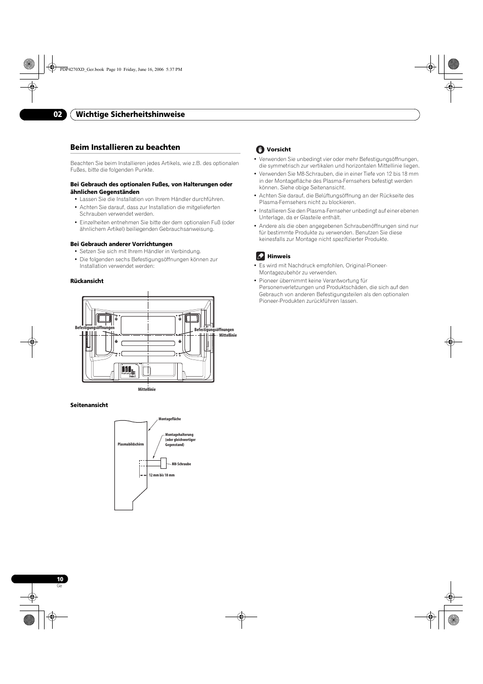 02 wichtige sicherheitshinweise, Beim installieren zu beachten, Wichtige sicherheitshinweise 02 | Pioneer PDP-4270XD User Manual | Page 126 / 176