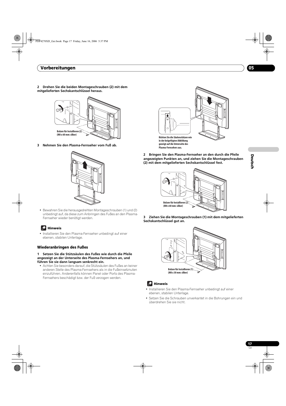 Wiederanbringen des fußes, Vorbereitungen 05 | Pioneer PDP-4270XD User Manual | Page 133 / 176