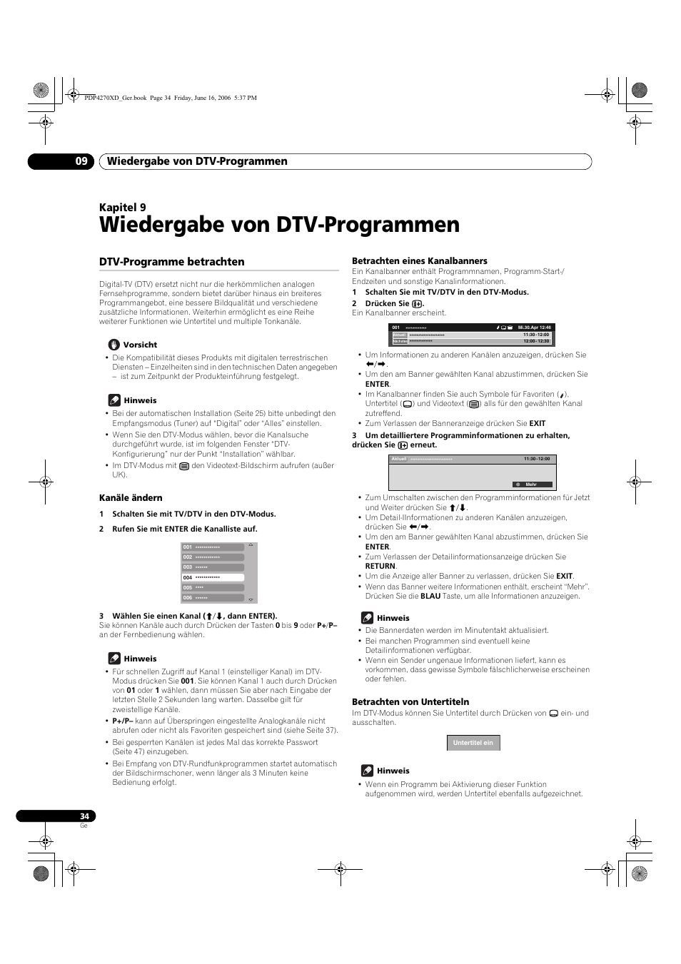 09 wiedergabe von dtv-programmen, Dtv-programme betrachten, Kanäle ändern | Betrachten eines kanalbanners, Betrachten von untertiteln, Wiedergabe von dtv-programmen, Wiedergabe von dtv-programmen 09, Kapitel 9 | Pioneer PDP-4270XD User Manual | Page 150 / 176