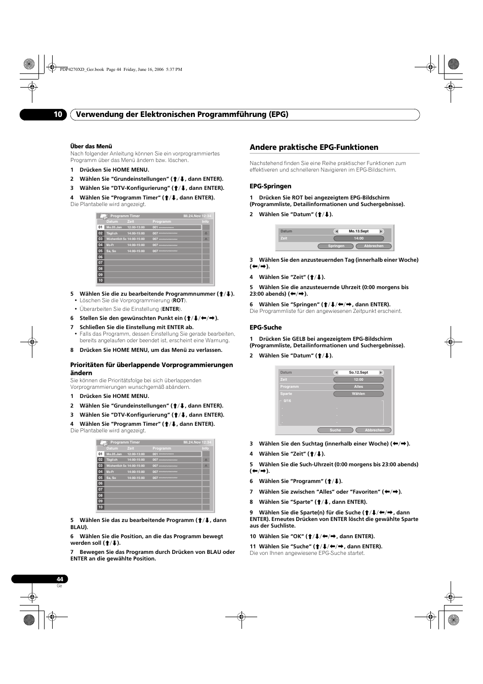 Andere praktische epg-funktionen, Epg-springen, Epg-suche | Pioneer PDP-4270XD User Manual | Page 160 / 176