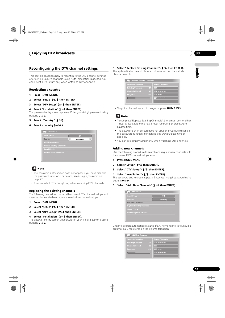 Reconfiguring the dtv channel settings, Reselecting a country, Replacing the existing channels | Adding new channels, Enjoying dtv broadcasts 09, English | Pioneer PDP-4270XD User Manual | Page 35 / 176