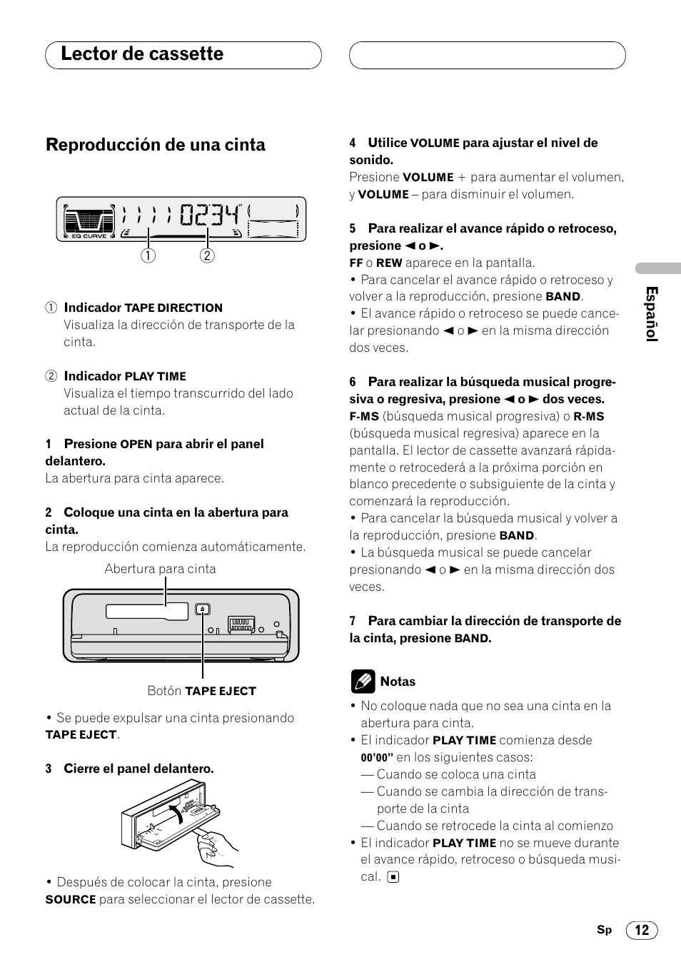 Lector de cassette, Reproducción de una cinta, Reproducción de una cinta 12 | Pioneer KEH-P4020R User Manual | Page 35 / 68