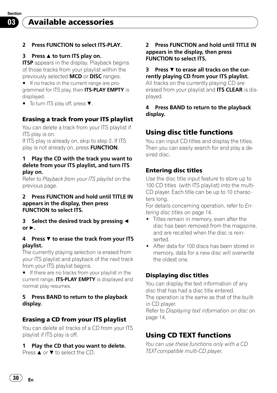 Using disc title functions 30, Using cd text functions 30, Available accessories | Using disc title functions, Using cd text functions | Pioneer SRC7127-B/N User Manual | Page 30 / 118