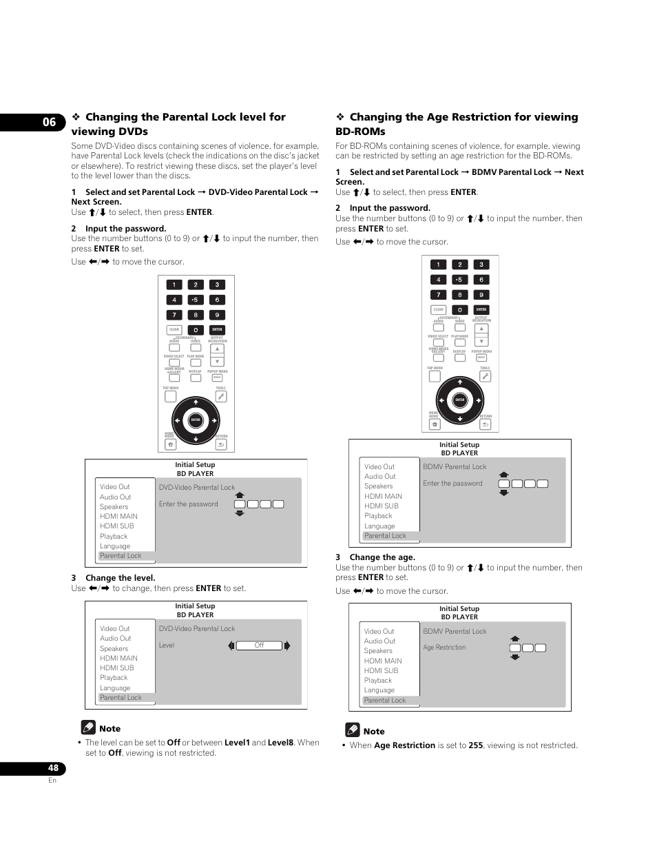 Changing the parental lock level for viewing dvds, Changing the age restriction for viewing bd-roms | Pioneer BONUSVIEW BDP-LX91 User Manual | Page 48 / 73
