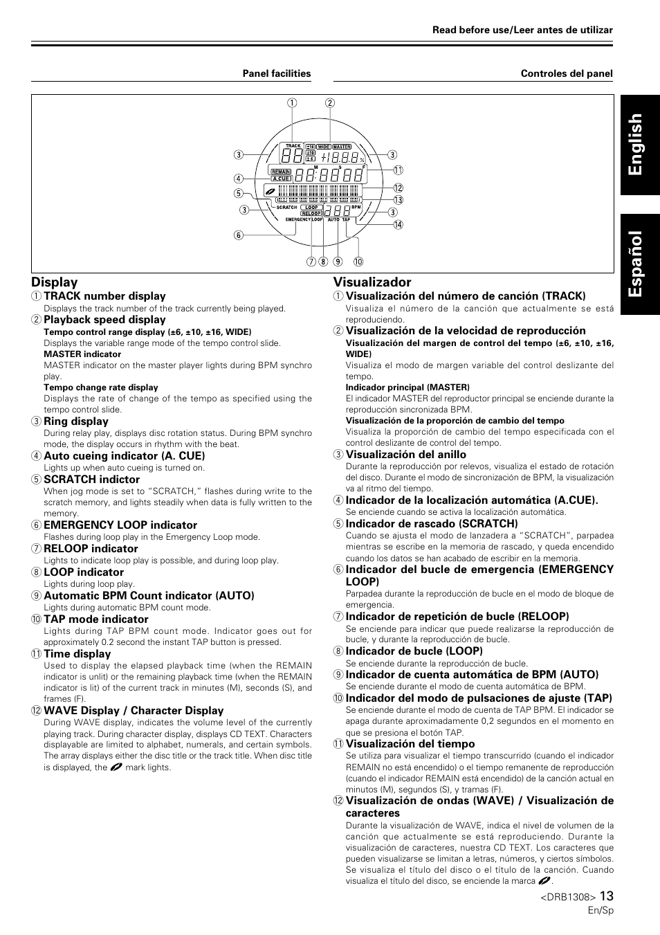 English español, Display, Visualizador | Pioneer CMX-3000 User Manual | Page 13 / 33