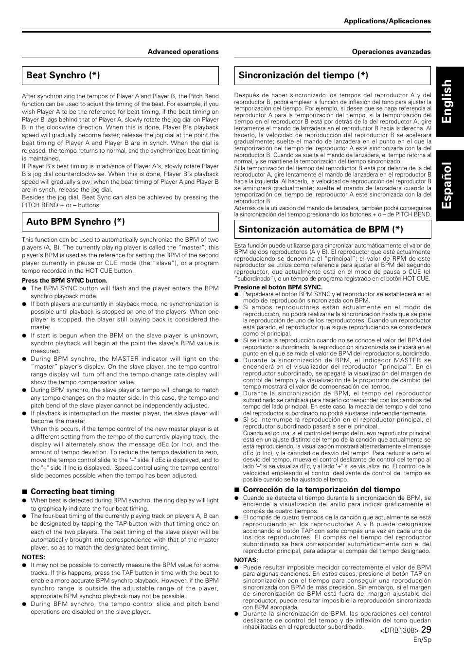 Beat synchro, Auto bpm synchro, Sincronización del tiempo | Sincronización automática de bpm, English espa ñ ol, Beat synchro (*), Auto bpm synchro (*), Sincronización del tiempo (*), Sintonización automática de bpm (*) | Pioneer CMX-3000 User Manual | Page 29 / 33