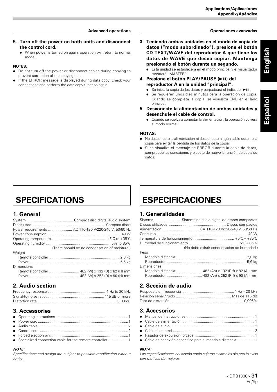 Specifications, Especificaciones, English espa ñ ol | General, Accessories, Generalidades, Sección de audio, Accesorios | Pioneer CMX-3000 User Manual | Page 31 / 33
