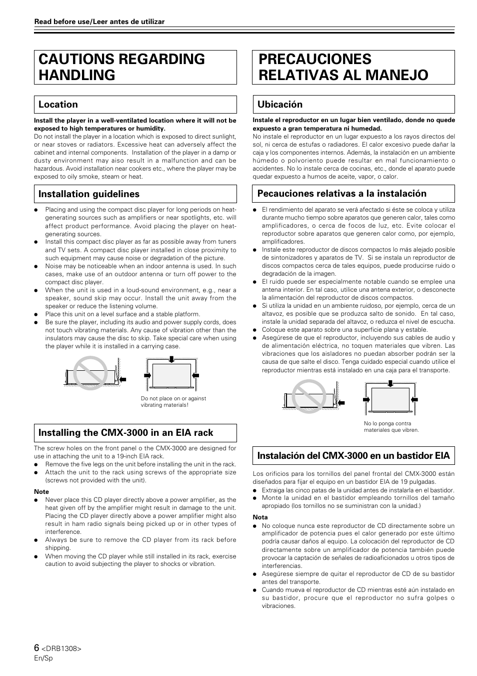 Cautions regarding handling, Precauciones relativas al manejo, Location | Installation guidelines, Installing the cmx-3000 in an eia rack, Ubicación, Pecauciones relativas a la instalación, Instalación del cmx-3000 en un bastidor eia | Pioneer CMX-3000 User Manual | Page 6 / 33