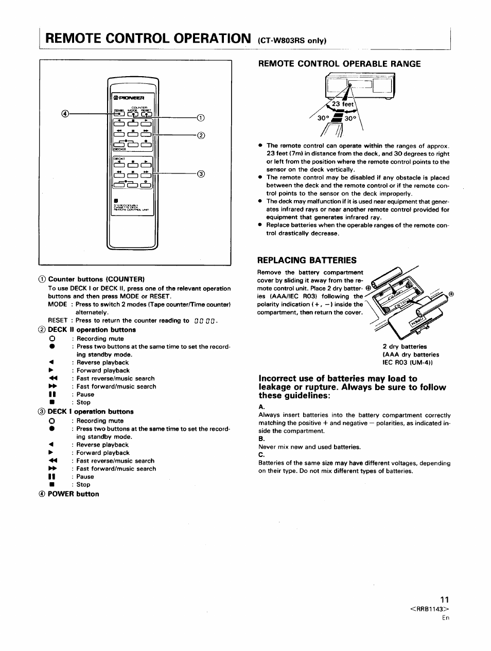Remote control operation (ct-w803rs only), Remote control operable range, 0 counter buttons (counter) | 2) deck ii operation buttons, 0 deck i operation buttons, 0 power button, Replacing batteries, Remote control operation | Pioneer CT-W603RS User Manual | Page 11 / 23