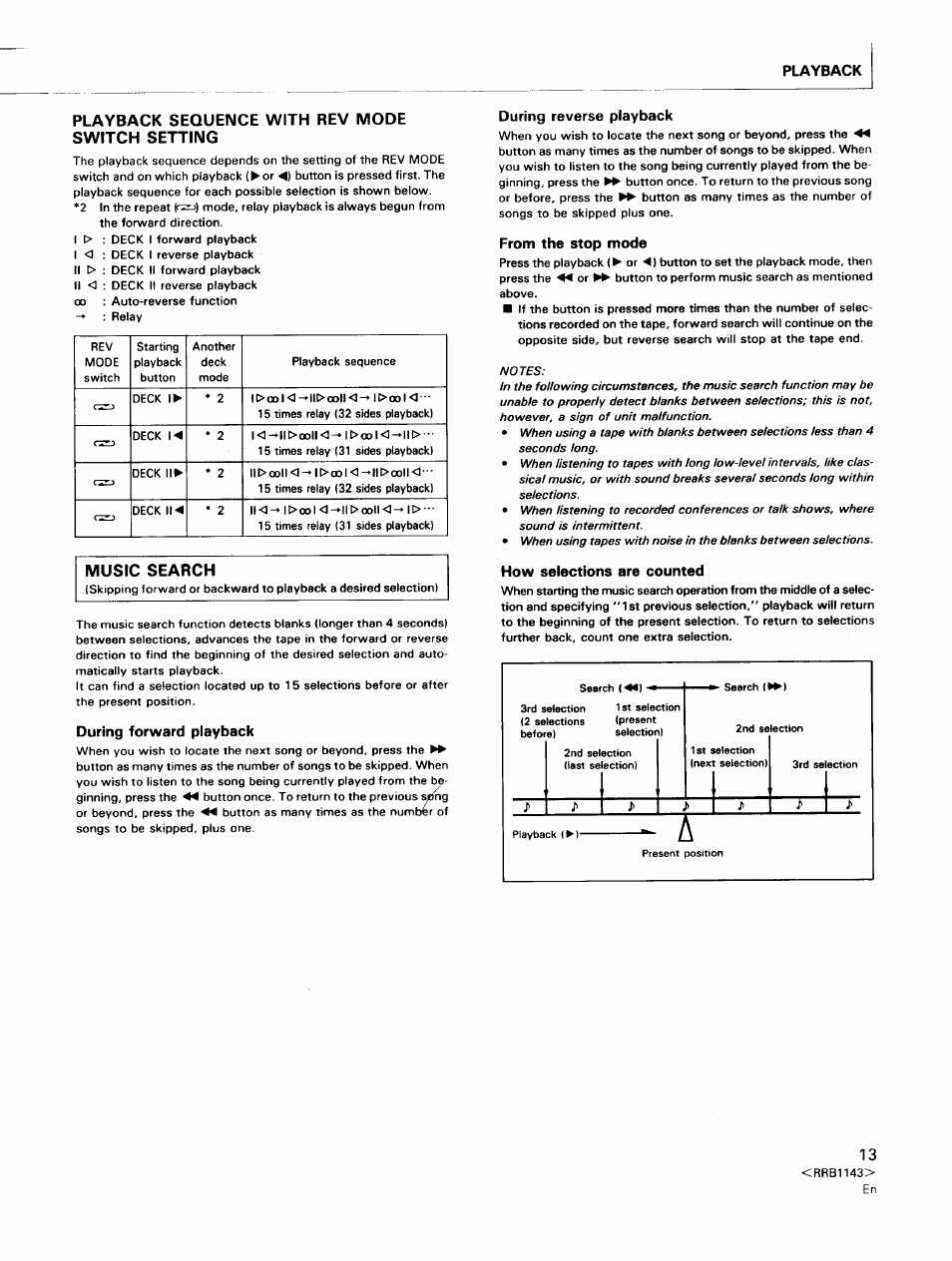Playback, Playback sequence with rev mode switch setting, Music search | During forward playback, During reverse playback, From the stop mode, How selections are counted | Pioneer CT-W603RS User Manual | Page 13 / 23