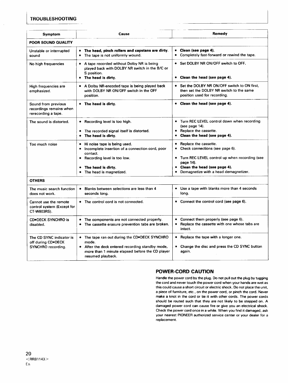 Troubleshooting, Power-cord caution | Pioneer CT-W603RS User Manual | Page 20 / 23