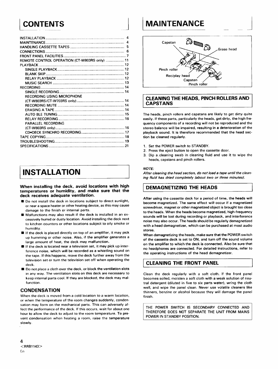Maintenance, Installation, Condensation | Cleaning the heads, pinch rollers and capstans, Demagnetizing the heads, Cleaning the front panel, Contents maintenance | Pioneer CT-W603RS User Manual | Page 4 / 23
