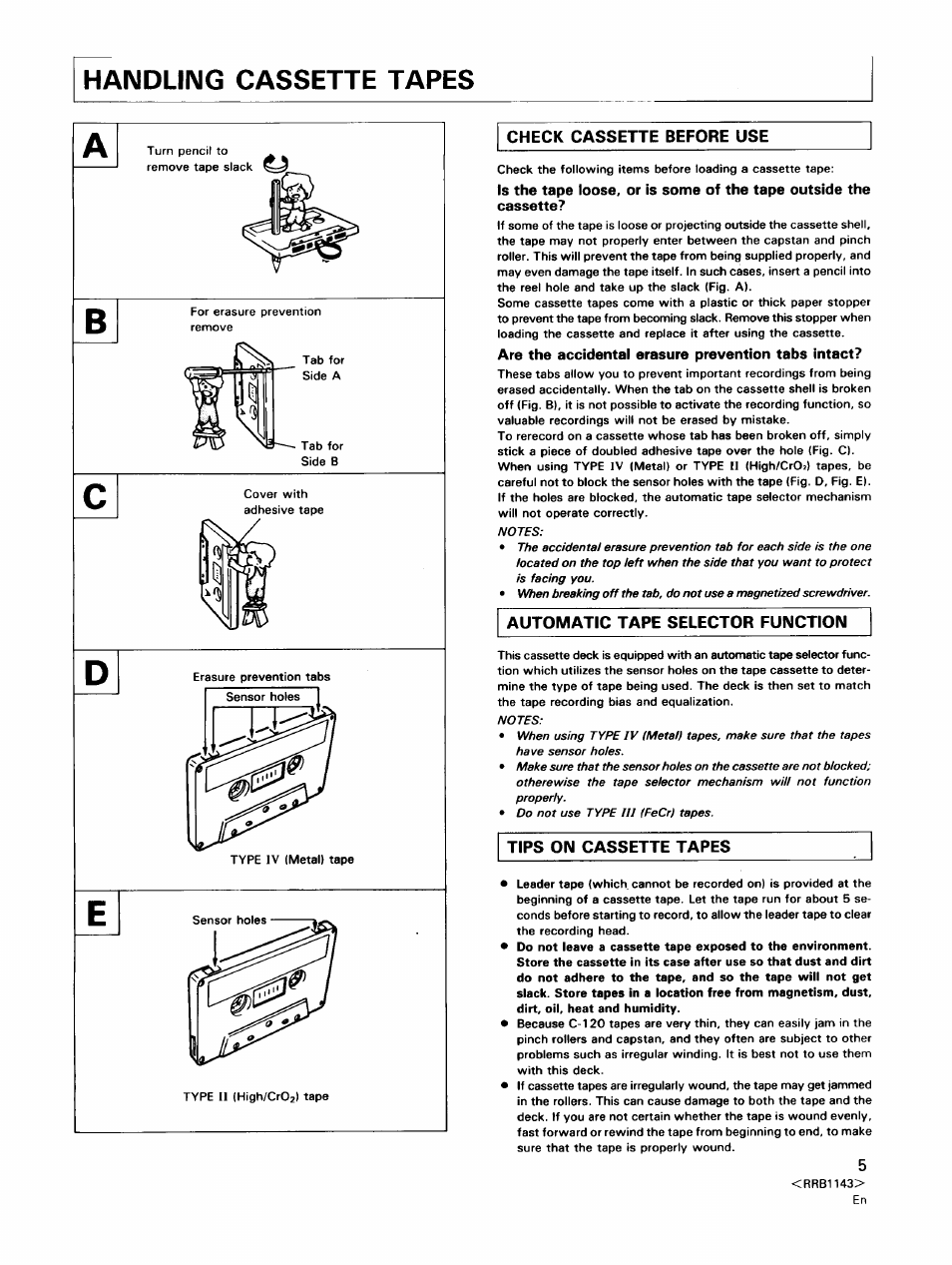Handling cassette tapes, Check cassette before use, Are the accidental erasure prevention tabs intact | Automatic tape selector function | Pioneer CT-W603RS User Manual | Page 5 / 23