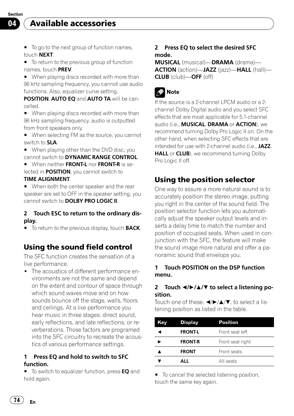 Using the sound field control 74, Using the position selector 74, Using the position selector | Available accessories, Using the sound field control | Pioneer AVH-P5000DVD User Manual | Page 74 / 103