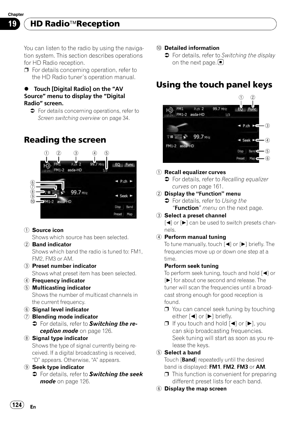 Hd radio, Äreception, Reading the screen | Using the touch panel keys, Hd radio äreception | Pioneer AVIC-X9115BT User Manual | Page 124 / 215