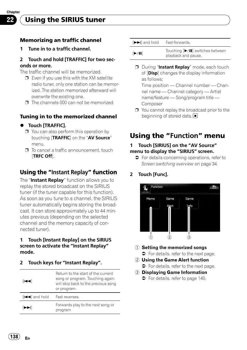Using the “instant replay, Function, Using the | Function” menu 138, Using the “instant, Replay, Using the “function, Using the “function” menu, Using the sirius tuner, Using the “instant replay” function | Pioneer AVIC-X9115BT User Manual | Page 138 / 215