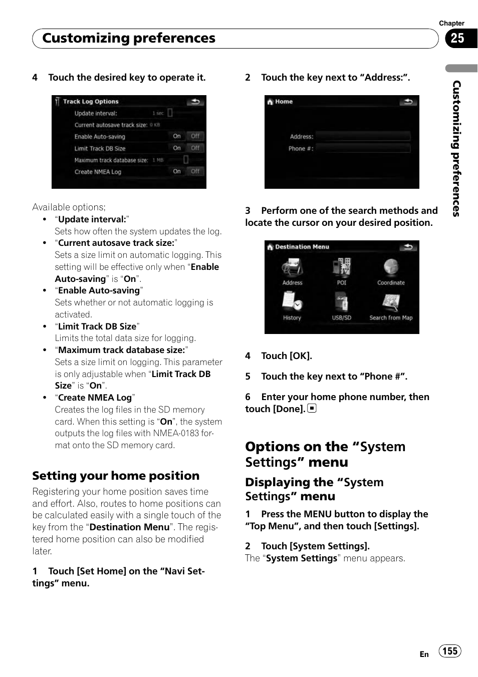 Setting your home position 155, Options on the, System settings” menu 155 | Displaying the “system settings, Menu, Setting your home po, Options on the “system settings ” menu, Customizing preferences | Pioneer AVIC-X9115BT User Manual | Page 155 / 215