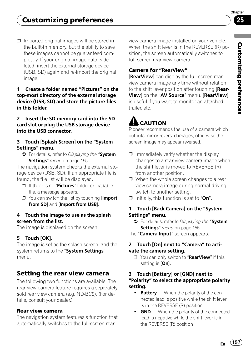 Setting the rear view camera 157, Setting the rear view, Customizing preferences | Setting the rear view camera | Pioneer AVIC-X9115BT User Manual | Page 157 / 215