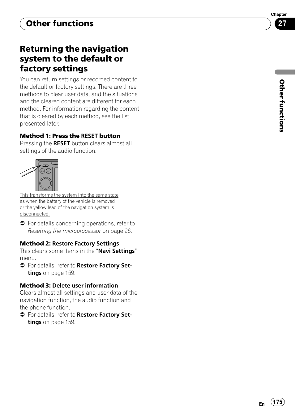 Returning the navigation system to the, Default or factory settings, Returning the na | Other functions | Pioneer AVIC-X9115BT User Manual | Page 175 / 215